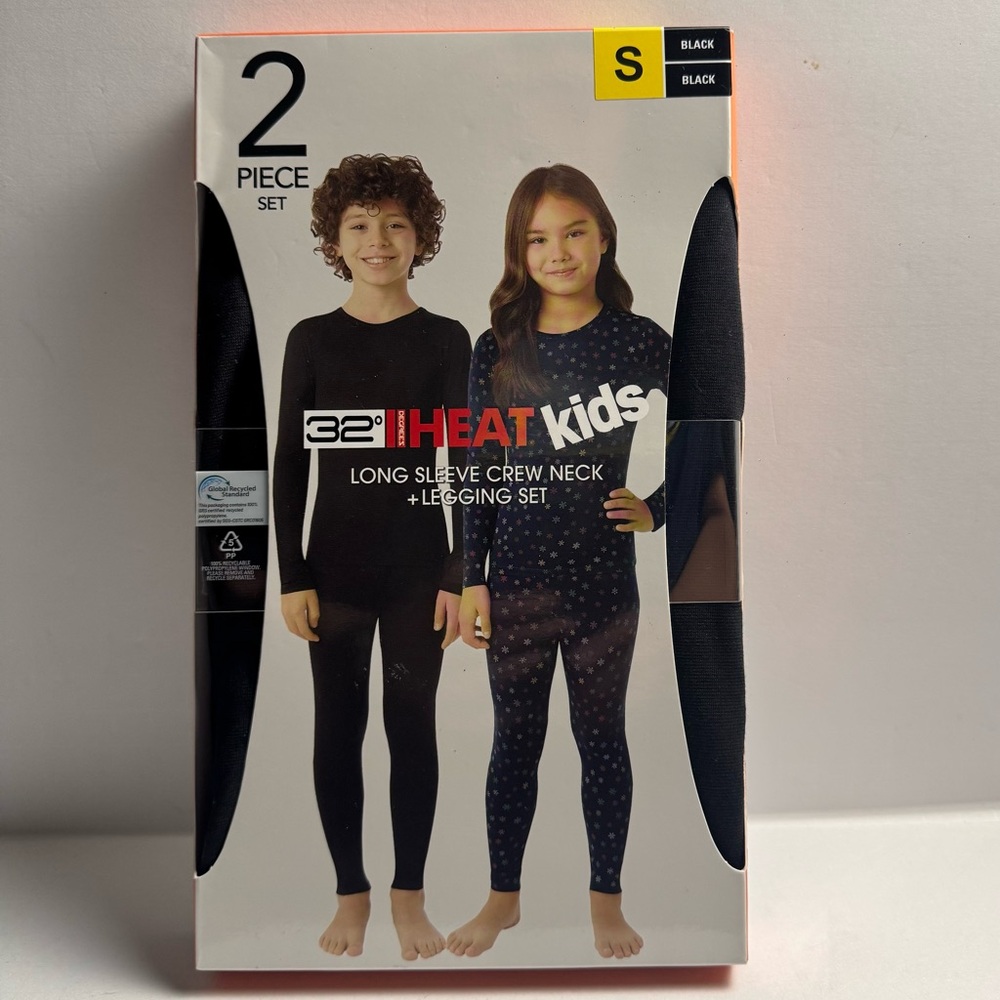 32 Degrees Kids' Heat Set 2 Piece Set, tee & pant, Black Small